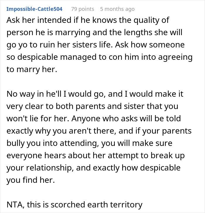 Text post discussing a woman's attempt to persuade her sister&rsquo;s fianc&eacute; to reconsider their engagement.