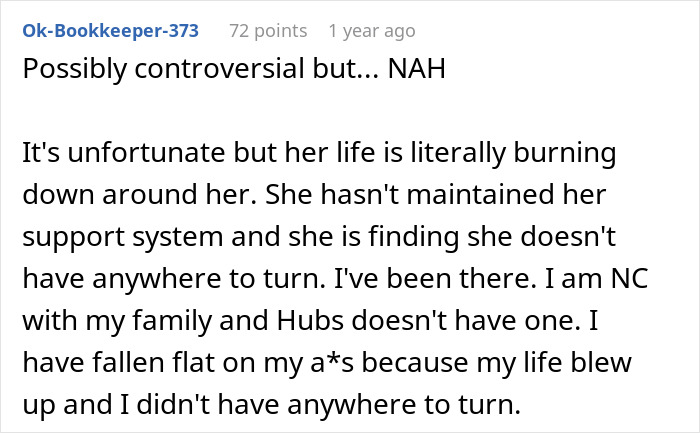 Reddit comment discussing tough conversation about refusing to rebook an expensive trip due to lack of support system.