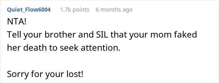 Text comment about family dynamics regarding mom’s ashes, mentioning the brother and sister-in-law. Text comment about family dynamics regarding mom’s ashes, mentioning the brother and sister-in-law.