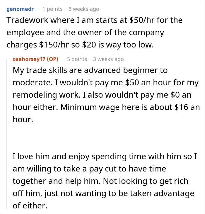 Text discussion about remodeling costs and fair compensation related to will planning decision.