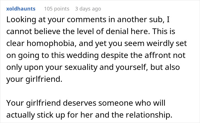 Text conversation about a gay woman unable to bring a plus-one to a wedding, addressing homophobia concerns. Text conversation about a gay woman unable to bring a plus-one to a wedding, addressing homophobia concerns.