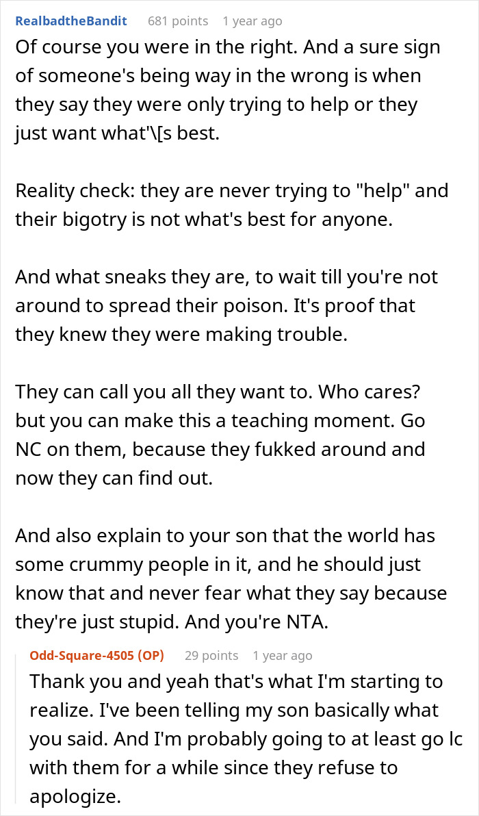 Text comments discuss family conflict and support for a son crying after being criticized for being gay.