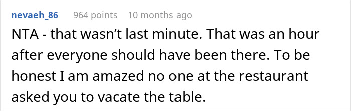 Text comment discussing a woman canceling a birthday dinner after friends and family didn't show up.