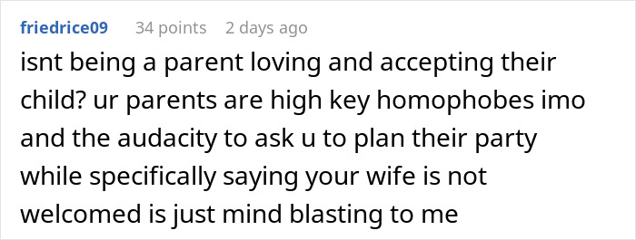Reddit comment discussing parents' homophobia towards daughter's wife and party disrespect. Reddit comment discussing parents' homophobia towards daughter's wife and party disrespect.