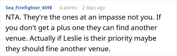 Reddit comment discussing a man's decision to refuse his backyard for a wedding over a plus-one dispute. Reddit comment discussing a man's decision to refuse his backyard for a wedding over a plus-one dispute.