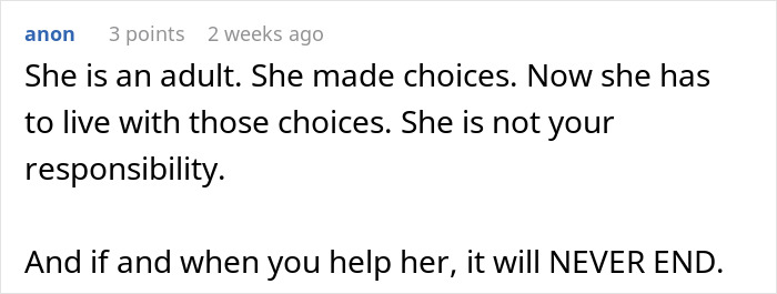 Reddit comment discussing whether to help dad's ex-wife and son with rent responsibility.