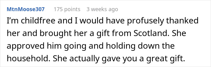 Comment discussing brother's gift and wife's role, mentioning gratitude for babysitting during birthday trip.