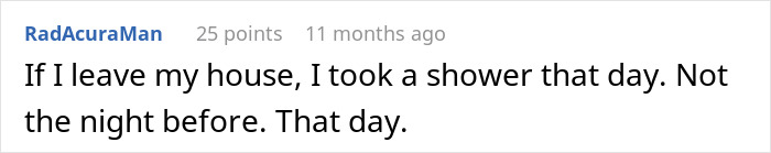 User comment discussing their shower routine to avoid smelly things.