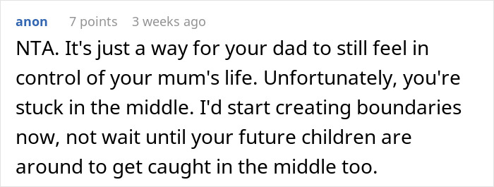 Comment discussing setting boundaries due to a controlling man in family dynamics.