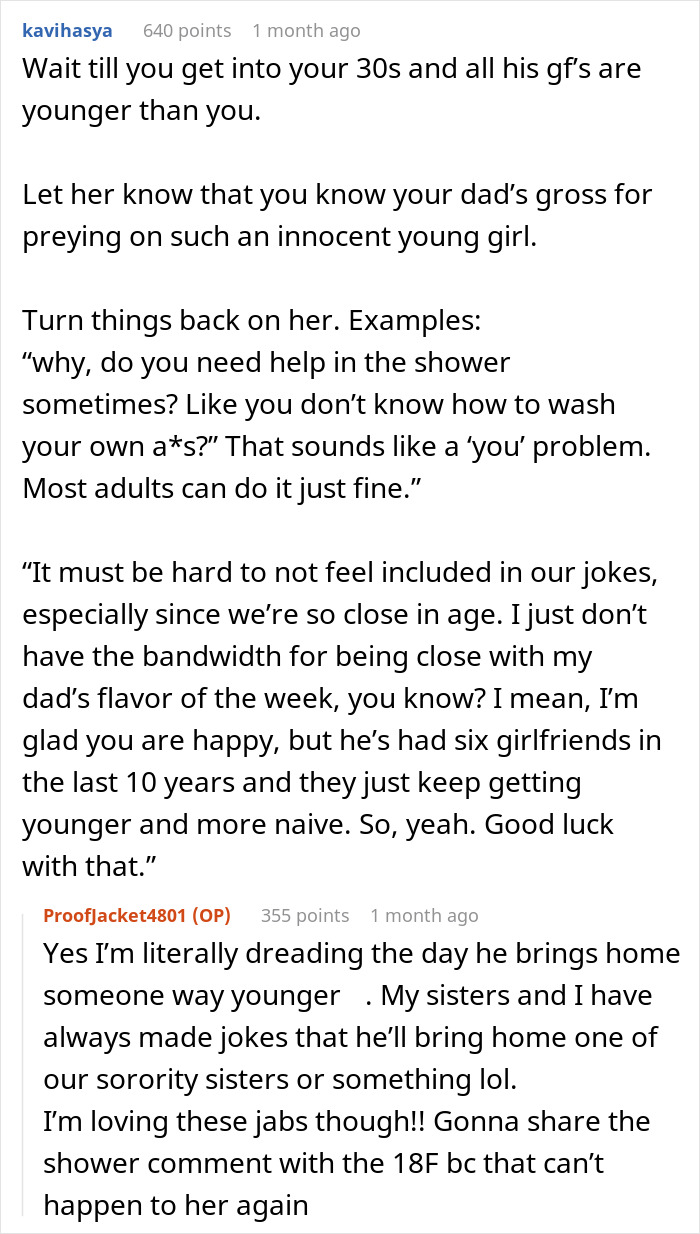Reddit comments discussing a 23-year-old woman's feelings about her dad's 25-year-old girlfriend.