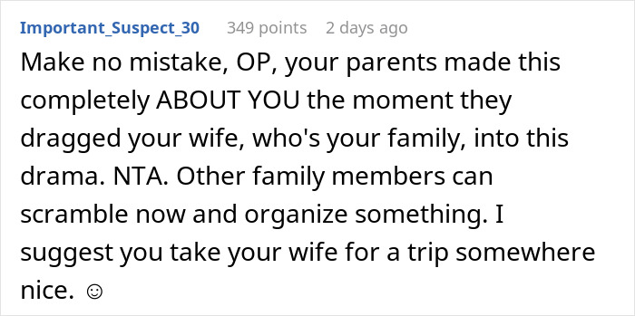 Reddit comment discussing family drama over a canceled party and support for daughter's wife. Reddit comment discussing family drama over a canceled party and support for daughter's wife.