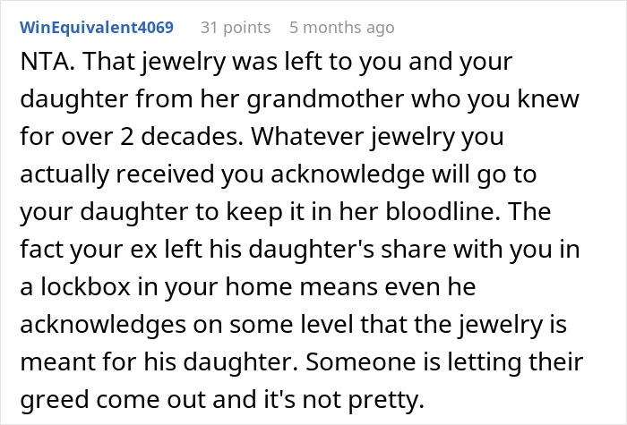 Text discussion about jewelry inheritance involving a woman's boyfriend's stepdaughter and her mom's refusal. Text discussion about jewelry inheritance involving a woman's boyfriend's stepdaughter and her mom's refusal.