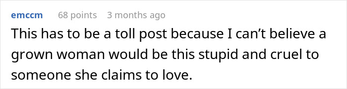 Comment discussing disbelief over a woman's cruel behavior in a relationship joke gone wrong.