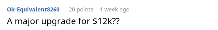 Comment questioning a $12k upgrade, suggesting boyfriend shows true colors related to sudden inheritance.
