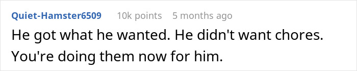 Comment discussing a guy neglecting chores, stating he avoided them and others do them now.