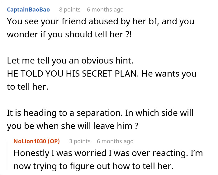 Text exchange discussing a friend's abusive relationship and hinting at revealing a secret plan. Text exchange discussing a friend's abusive relationship and hinting at revealing a secret plan.