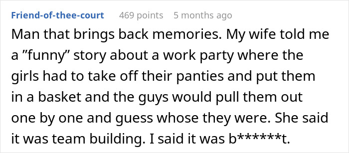 Text image discussing a shocking work party game involving women&rsquo;s underwear, reflecting on inappropriate team building activities.