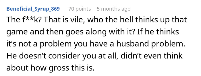 Screenshot of a Reddit comment discussing a husband's coworkers' controversial game.