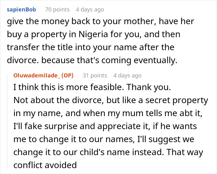 Text exchange discussing strategy regarding property inheritance and wealth transfer. Text exchange discussing strategy regarding property inheritance and wealth transfer.