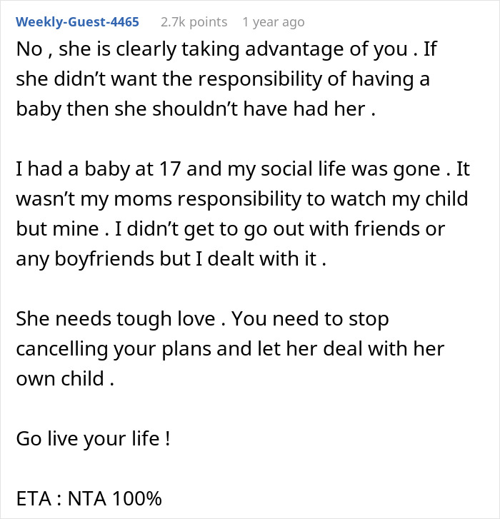 Text comment discussing grandma overhearing babysitting expectation, encouraging setting boundaries.