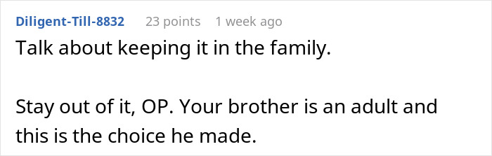 Reddit comment discussing awkward family situation after brother remarried ex.