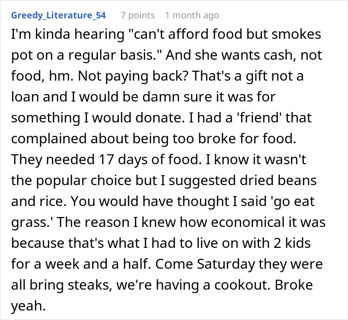 Reddit comment discussing groceries from Dollar Tree and budgeting tips.