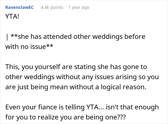 Comment criticizing child-free wedding rule excluding autistic cousin. Comment criticizing child-free wedding rule excluding autistic cousin.