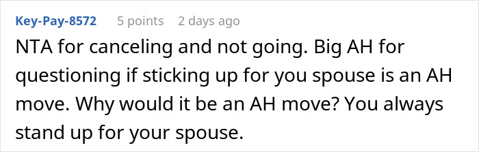 Reddit comment supporting a daughter's decision to cancel a party in defense of her wife. Reddit comment supporting a daughter's decision to cancel a party in defense of her wife.