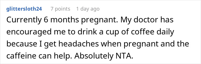 Comment discussing coffee and pregnancy by a user named glittersloth24.