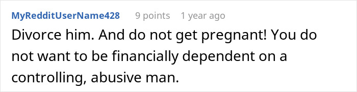Online comment discussing divorce advice related to job and dependency. Online comment discussing divorce advice related to job and dependency.