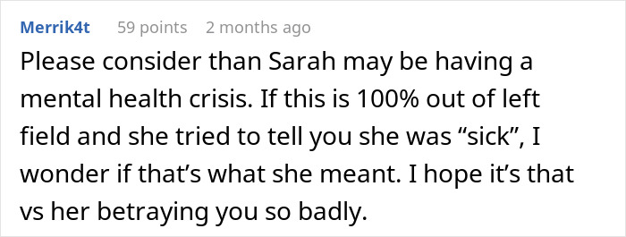 Comment discussing possible mental health crisis related to a woman's lie. Comment discussing possible mental health crisis related to a woman's lie.