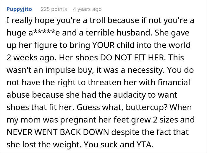 Text exchange about a returning wife's shoes not fitting post-pregnancy, highlighting issues with her husband's response. Text exchange about a returning wife's shoes not fitting post-pregnancy, highlighting issues with her husband's response.