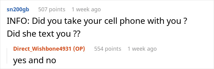 Reddit comment exchange about a man sneaking out for 30 minutes to use a toilet.