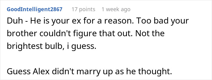 Reddit comment joking about awkward family dynamics after sister's ex married her brother.