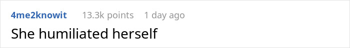 Reddit comment on child-free birthday dinner, reading "She humiliated herself," with 13.3k points.