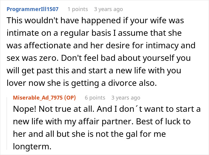 Online forum conversation about a marriage ending due to infidelity and an undisclosed secret. Online forum conversation about a marriage ending due to infidelity and an undisclosed secret.