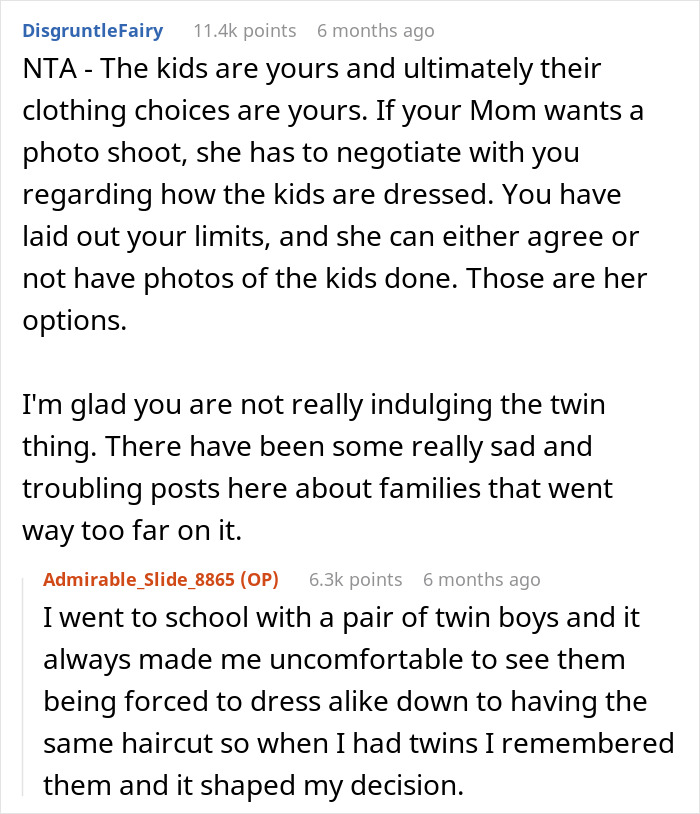 Reddit discussion on a woman dressing her twins differently, autonomy in kids' clothing choices. Reddit discussion on a woman dressing her twins differently, autonomy in kids' clothing choices.