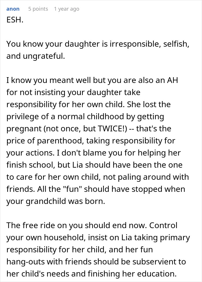 Text commenting on a grandma overhearing daughter's assumptions about babysitting plans.