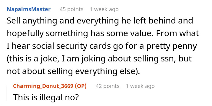 Comments discussing selling roommate's belongings as a joke, related to stealing rent money incident. Comments discussing selling roommate's belongings as a joke, related to stealing rent money incident.