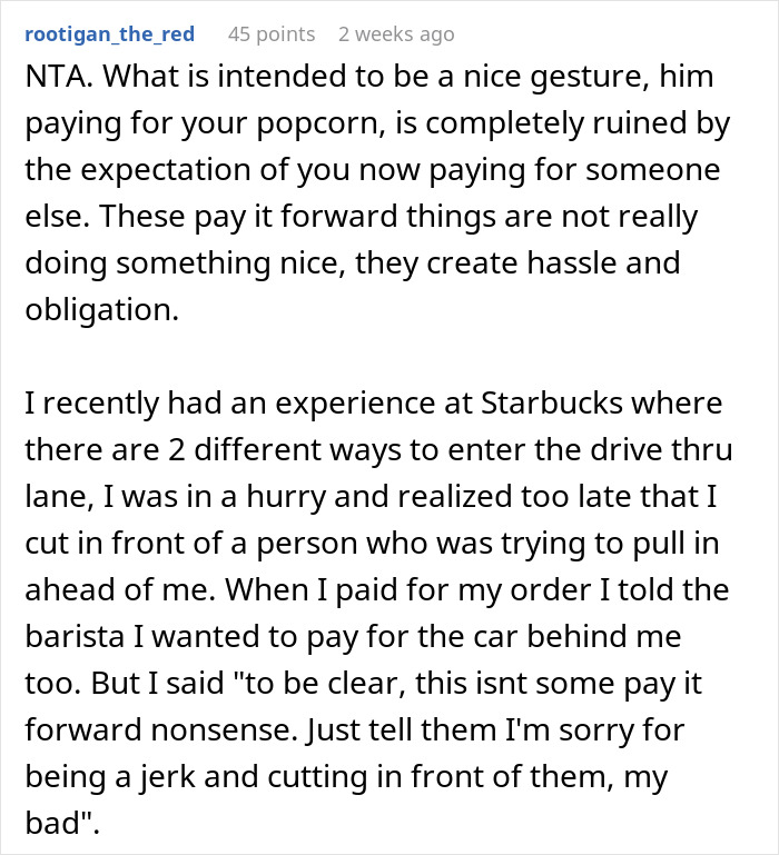Text discussion on refusing to continue a pay it forward chain, mentioning obligations and personal Starbucks story.