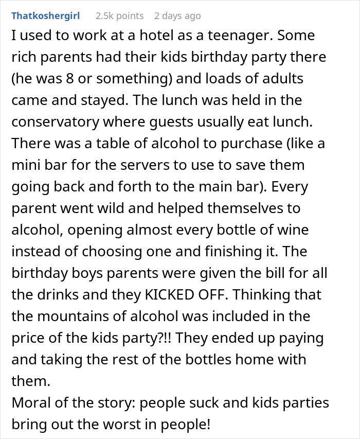 Text recounts birthday party issues when uninvited guests arrive, highlighting parental behavior and unexpected bills.