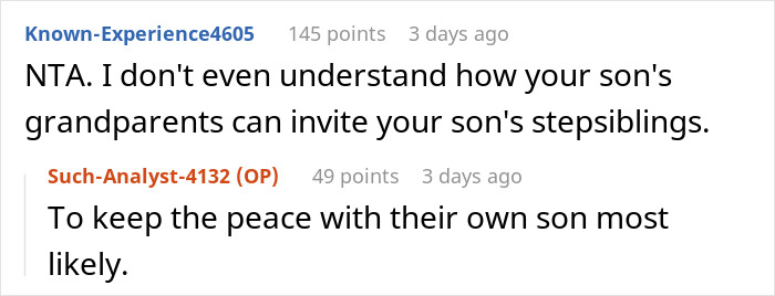 Reddit comments discussing a mom's refusal to let her son attend a family BBQ due to stepsiblings, mentioning fairness and strictness.