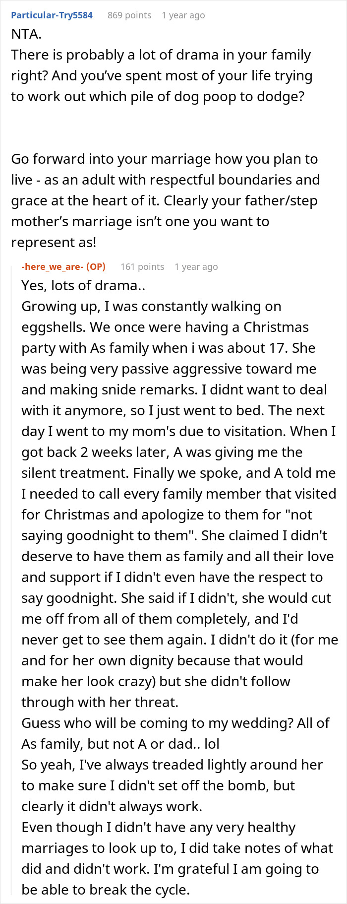 Reddit comment on family drama, dad skips daughter's wedding due to stepmom issues.