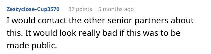 Reddit comment discussing contacting senior partners about a potentially damaging coworker "game.