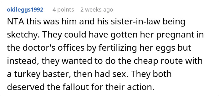 Comment discussing a breakup, mentioning sketchy behavior involving a sister-in-law and unorthodox methods.