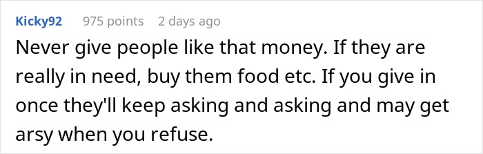 Comment warns about giving loans to neighbors, suggesting to offer food instead to avoid persistent requests.