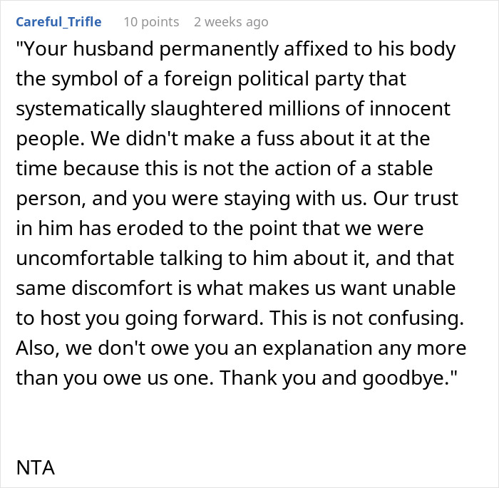Text screenshot about a husband's offensive tattoo and discomfort in addressing it. Text screenshot about a husband's offensive tattoo and discomfort in addressing it.