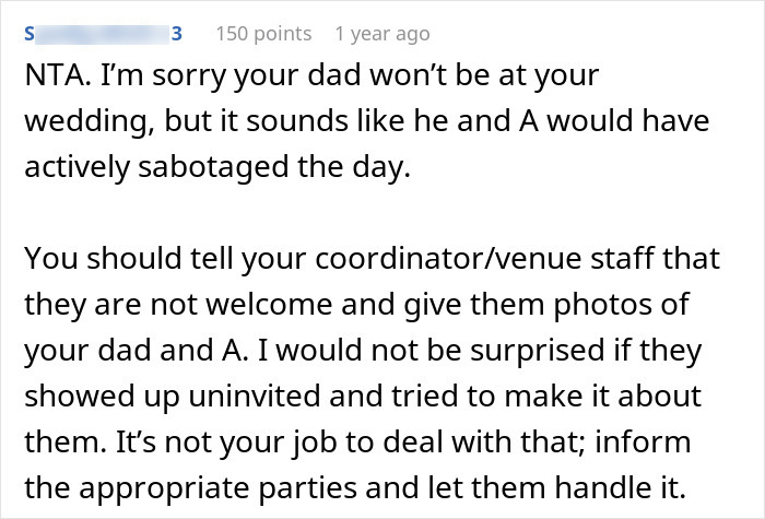 Discussion about dad choosing wife over daughter, wedding issues.