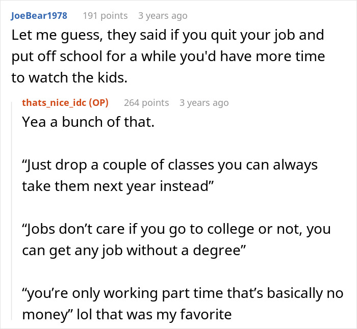 Text exchange discussing daughter refusing babysitting after parents volunteer her.