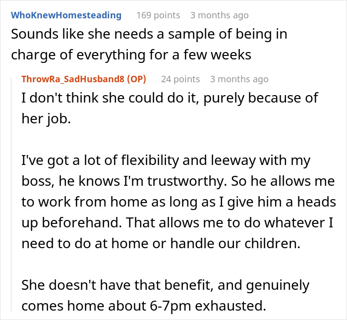 Reddit comments discussing an "unhelpful" husband and the balance of home responsibilities.